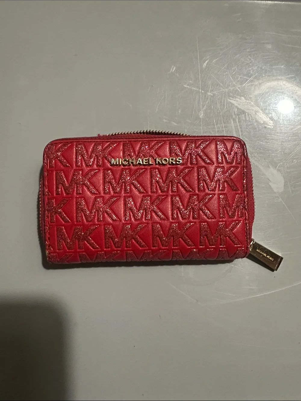 Michael Kors Red MK Monogram Embossed Zip Card Holder